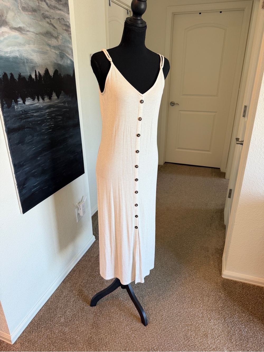 LOFT Cream Button-Front Maxi Dress with Spaghetti Straps